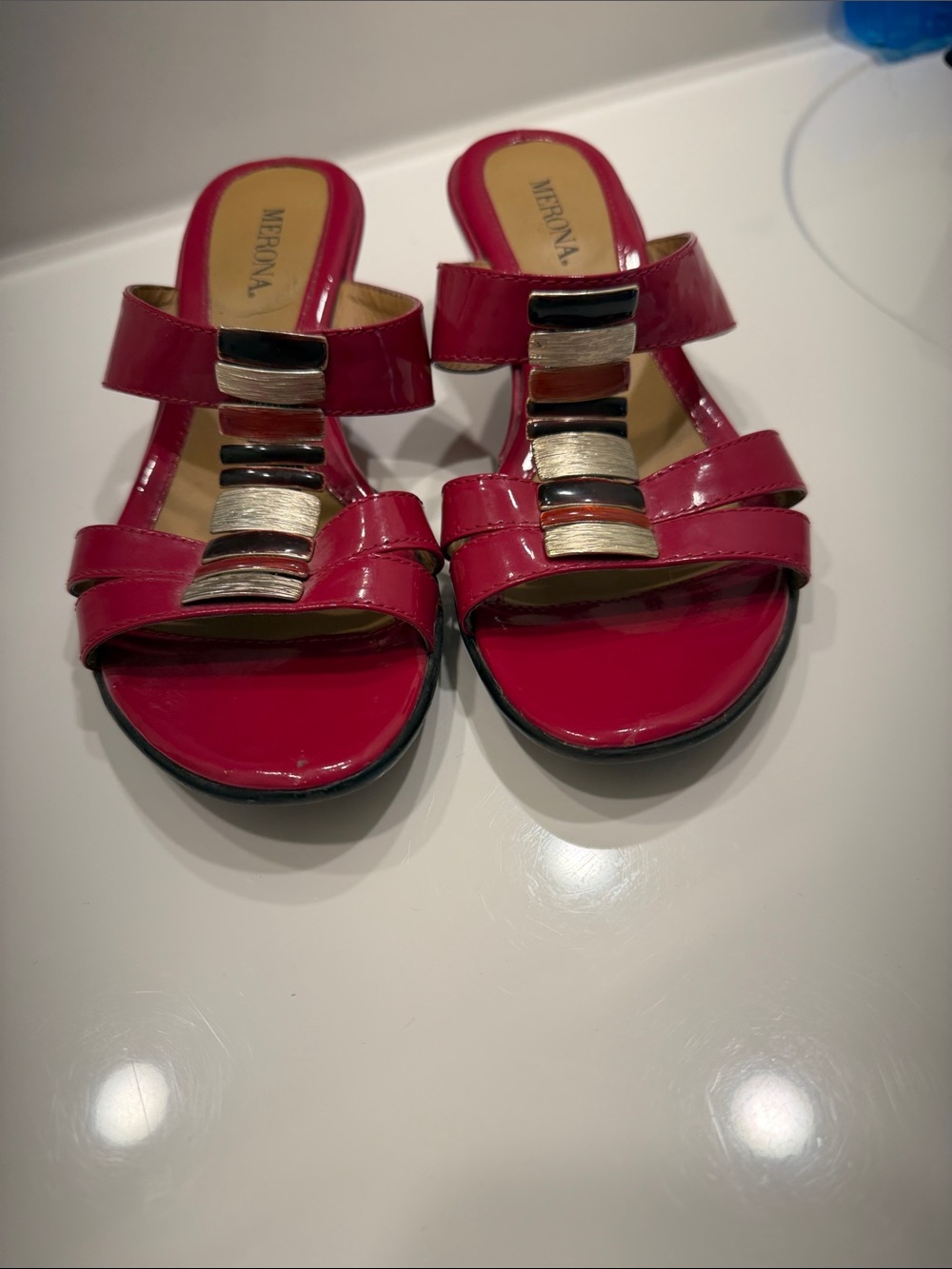 Merona Patent Pink Slide Mules with Metallic Accents